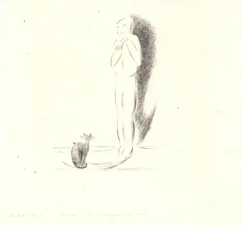 Originelle Tusche-Zeichnung Mann mit Katze aus dem Jahr 1926
