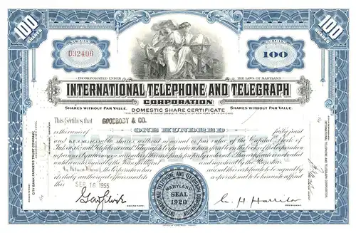 100 Anteile der Aktie der INTERNATIONAL TELEPHONE AND TELEGRAPH CORPORATION