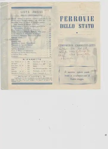 Italienische Staatsbahn – Preisliste für Lebensmittel im Bordservice, ca. 1955
