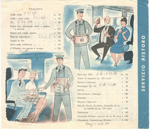 Italienische Staatsbahn – Preisliste für Lebensmittel im Bordservice, ca. 1955