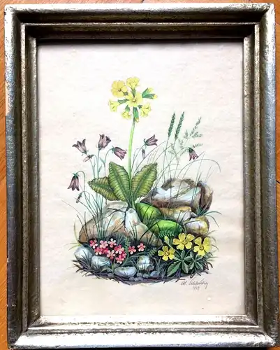 Aquarell mit Alpenblumen, signiert datiert 1943, gerahmt, hinter Glas