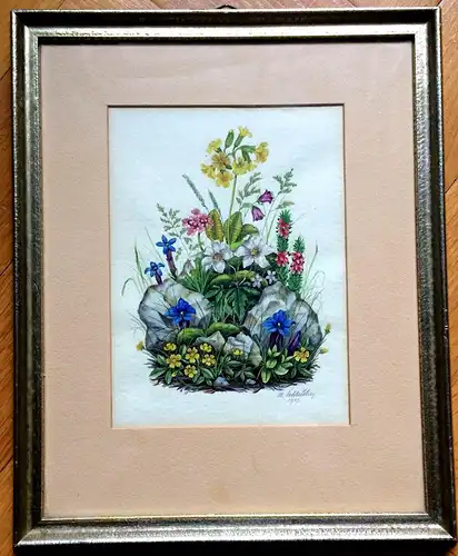 Aquarell mit Alpenblumen, signiert datiert 1943, im Passepartout, gerahmt