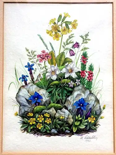 Aquarell mit Alpenblumen, signiert datiert 1943, im Passepartout, gerahmt