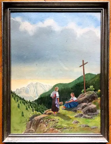 Aquarell Zwei Frauen in ländlicher Tracht am Gipfelkreuz eines Berges Hans Henn