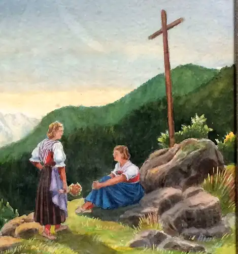 Aquarell Zwei Frauen in ländlicher Tracht am Gipfelkreuz eines Berges Hans Henn