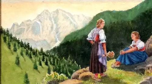 Aquarell Zwei Frauen in ländlicher Tracht am Gipfelkreuz eines Berges Hans Henn