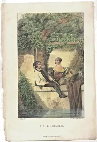Colorierte Lithographie „DIE EINSIEDELEI“ von F. Elias im Passepartout
