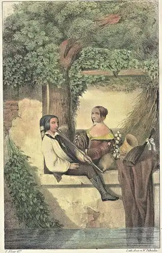 Colorierte Lithographie „DIE EINSIEDELEI“ von F. Elias im Passepartout