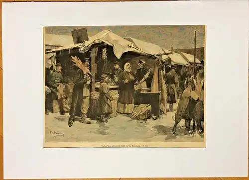 Colorierter Holzstich „Maiaustrommeln in Höritz (Böhmerwald)“ nach Emil Limmer