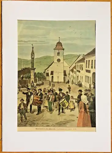 Colorierter Holzstich „Maiaustrommeln in Höritz (Böhmerwald)“ nach Emil Limmer