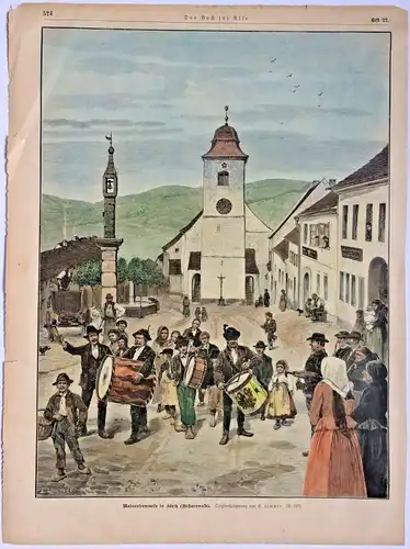 Colorierter Holzstich „Maiaustrommeln in Höritz (Böhmerwald)“ nach Emil Limmer