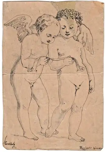 Originalzeichnung Zwei Putti, signiert, im Passepartout, repariert