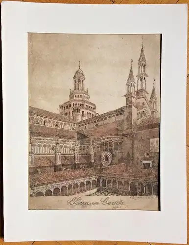 Klosteranlage „Pavia Certosa“ - teilcolorierter Kupferstich im Passepartout