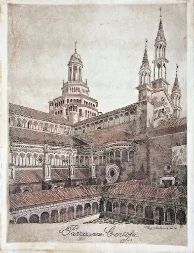 Klosteranlage „Pavia Certosa“ - teilcolorierter Kupferstich im Passepartout
