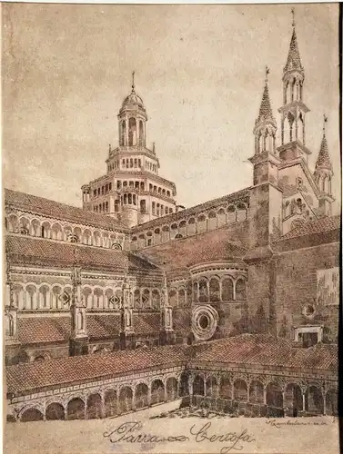 Klosteranlage „Pavia Certosa“ - teilcolorierter Kupferstich im Passepartout