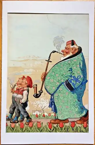 Originelles Aquarell – Karikatur mit drei Rauchern, im Passepartout,ca.1930