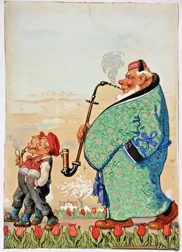 Originelles Aquarell – Karikatur mit drei Rauchern, im Passepartout,ca.1930