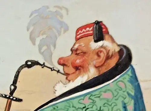 Originelles Aquarell – Karikatur mit drei Rauchern, im Passepartout,ca.1930