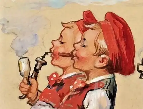 Originelles Aquarell – Karikatur mit drei Rauchern, im Passepartout,ca.1930