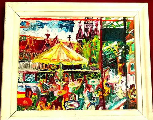 Gemälde,  Öl a.Leinwand,Terasse eines Cafes, wohl 1960,Impressionismus,Rahmen