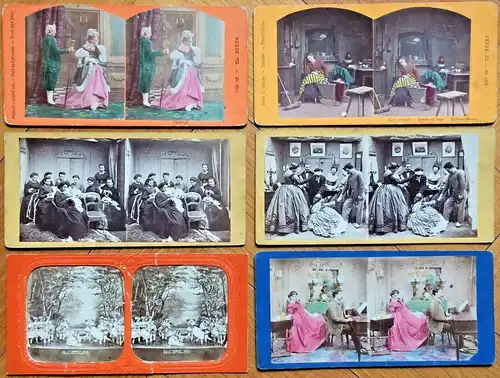 Sechs sehr alte Original-Stereo-/ 3D-Photographien mit Szenen aus Oper + Theater