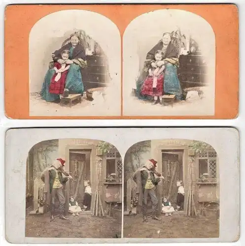 Zehn sehr alte Original-Stereo- / 3D-Photographien mit meist Märchen-Szenen