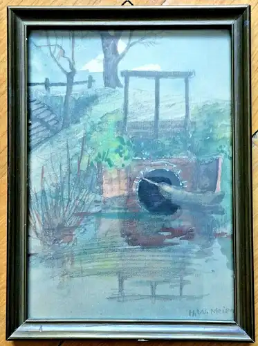 Aquarell Bach mit kleiner Brücke, gerahmt, hinter Glas, signiert „H. W. Meier“