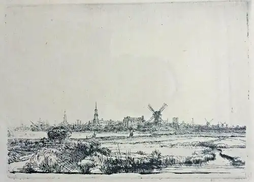 Radierung Blick auf Amsterdam, Neudruck nach Rembrandt Van Rijn, gerahmt