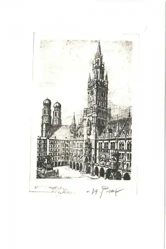 Vier Original-Radierungen München Marienplatz Otto Ferdinand Probst