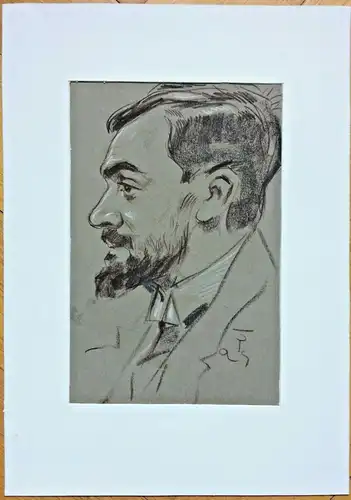 Bleistift - / Kohlezeichnung Portrait eines bärtigen Mannes im Passepartout