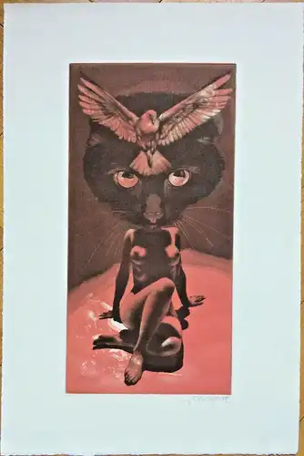 Farblithographie weiblicher Akt mit Katzenkopf und Eule, signiert „J. Busch 82“