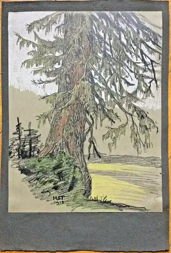 Original-Bleistiftzeichnung "Sterbender Baum", monogrammiert „HST 1913“,