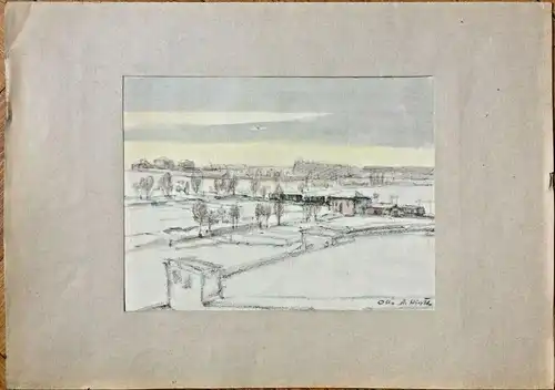 Original-Aquarell Landschaft mit fahrender Eisenbahn von Otto Albert Hirth, 1947