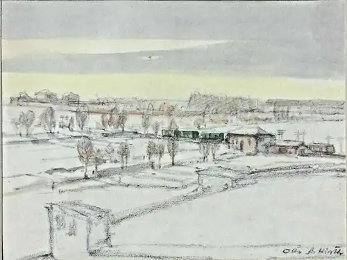 Original-Aquarell Landschaft mit fahrender Eisenbahn von Otto Albert Hirth, 1947