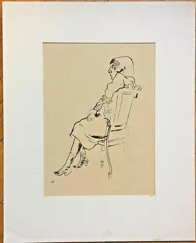 Lithographie „Frau auf einem Stuhl“ von George Grosz, ca. 1921, im Passepartout