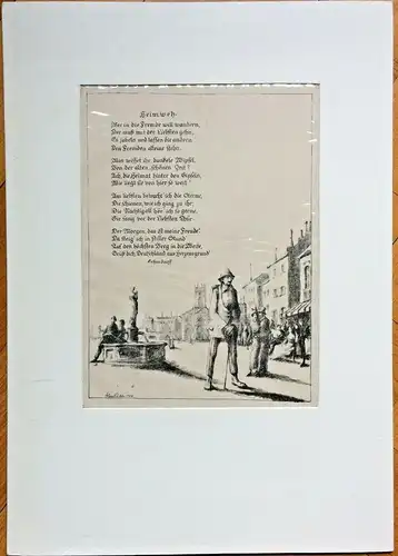 Lithographie von Klaus Richter mit Gedicht „Heimweh“ von Joseph von Eichendorff
