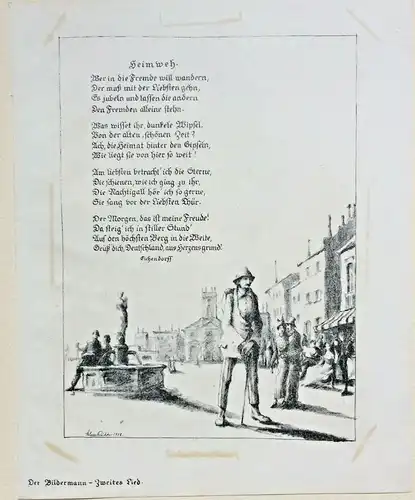 Lithographie von Klaus Richter mit Gedicht „Heimweh“ von Joseph von Eichendorff