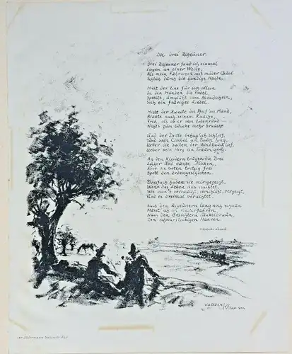 Lithographie von Walther Klemm m. Gedicht „Die drei Zigeuner" von Nikolaus Lenau