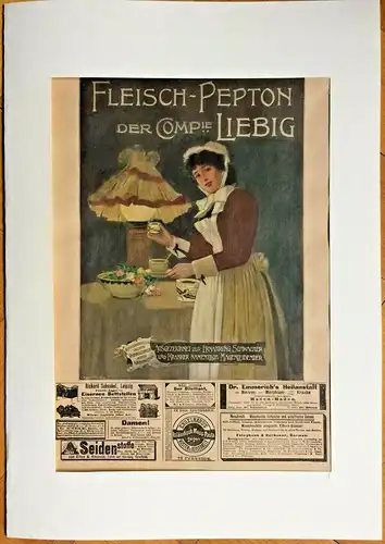 Colorierter Holzstich „FLEISCH-PEPTON DER COMPie LIEBIG“