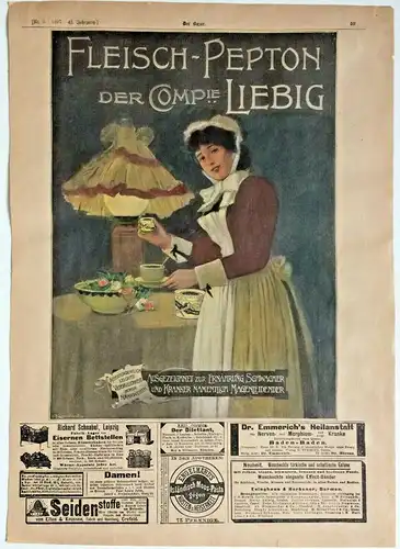 Colorierter Holzstich „FLEISCH-PEPTON DER COMPie LIEBIG“