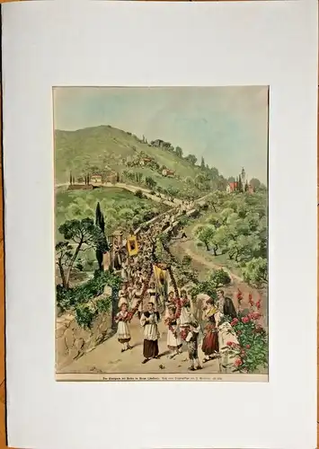 Colorierter Holzstich „Das Einsegnen der Rosen in Nervi“ von F. Menter