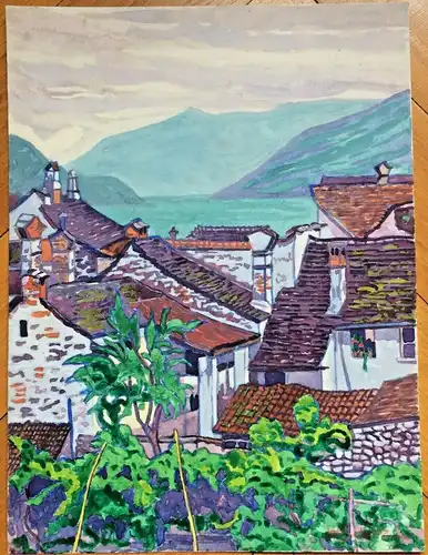 Aquarell „Alte Dächer bei Regen (Ascona) Juli 1925“ von Joseph Schultz