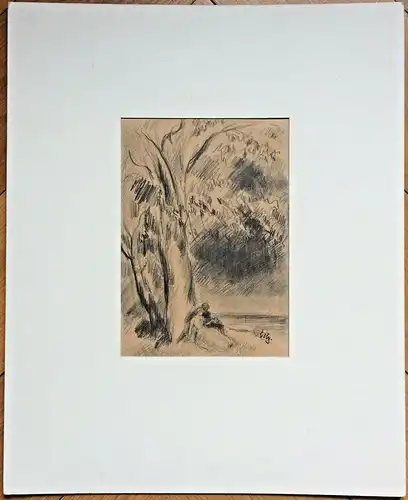 Original-Bleistiftzeichnung Liebespaar unterm Baum, im Passepartout, signiert