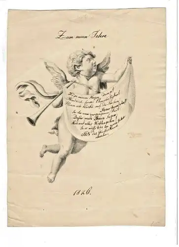 Lithographie „Zum Neuen Jahr 1826“, Engel mit Posaune und Gedicht