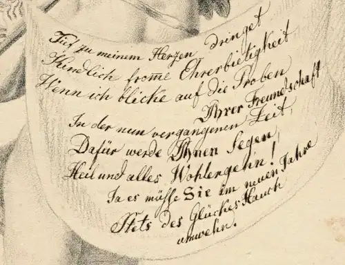 Lithographie „Zum Neuen Jahr 1826“, Engel mit Posaune und Gedicht