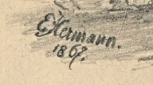 Bleistiftzeichnung Kahn am Ufer eines Gewässers, signiert „E. Hermann 1867“