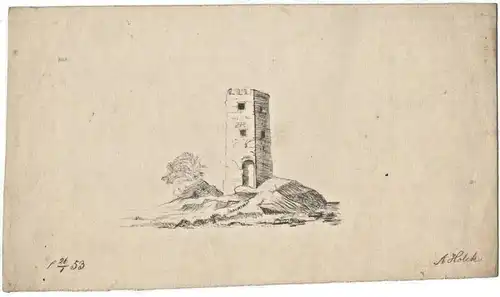 Kleine Bleistiftskizze Turm signiert „A. Holek“, datiert 26.1.53 (1853)