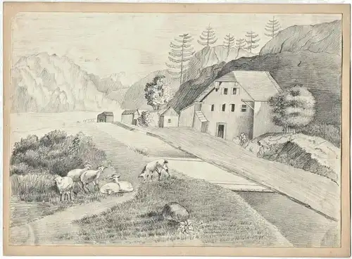 Bleistiftzeichnung Schafherde in Landschaft mit Bach und Häusergruppe
