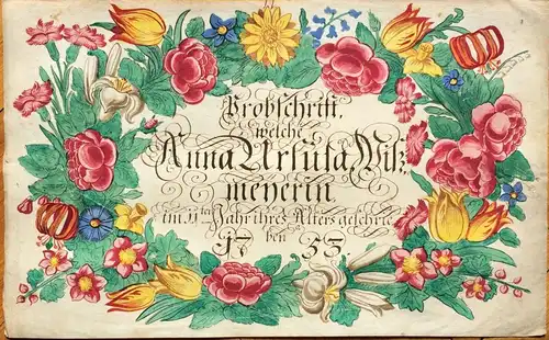 Wunderschönes farbiges Aquarell m. Blüten u Blättern sehr dekorative Handschrift