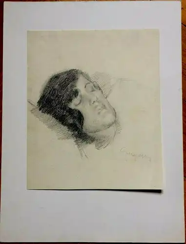 Kohlezeichnung Portrait einer unbekannten Frau, signiert